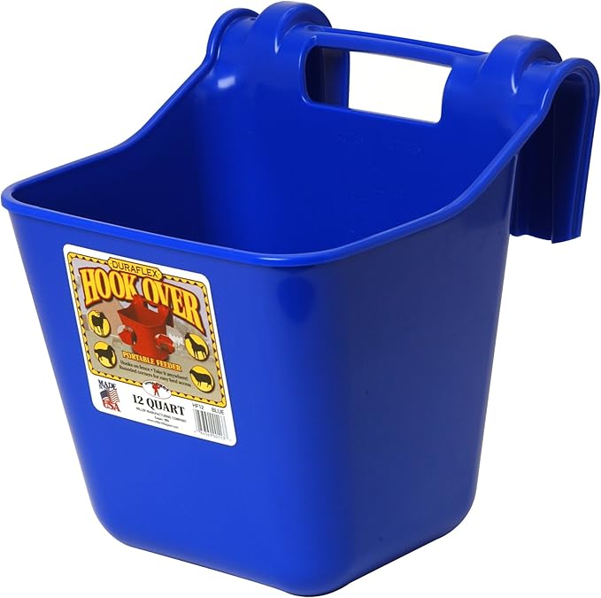 Little Giant® Plastic Hook Over Feeder | Mountable Livestock & Pet Feed Bucket | Horse Feed Bucket | Made in USA | 12 Quarts | Blue