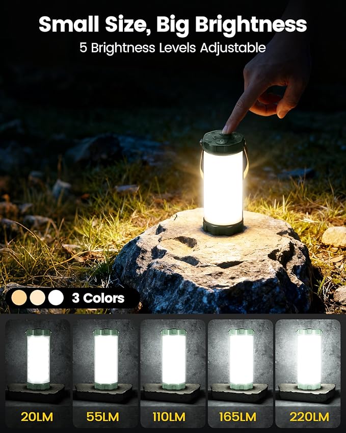 Glocusent 106 LEDキャンプライト、最大80時間点灯、5000mAh充電式キャンプランタン、5段階の明るさ、3つのモードとSOS、IP68防水、最大1200ルーメン、停電、ハイキング、緊急時、ハリケーン用ランタン