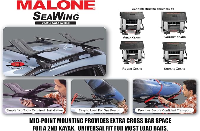 Malone SeaWing Saddle Style Universal Car Roof Rack Kayak Carrier with Bow & Stern Tie-Downs – 70 lb Capacity, V-Style Cradles, No-Tool Install, Jawz Mount, Corrosion-Resistant Nylon