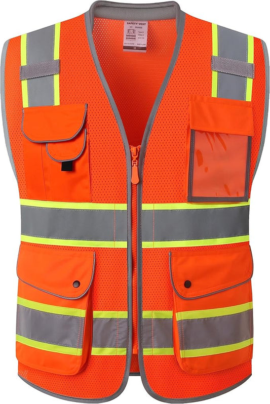 JKSafety 9 Pockets Hi-Vis Safety Vest Breathable Mesh Fabric Cushioned Collar Work Utility PPE Lightweight Industrial Work Gear ANSI/ISEA compliant (101-Orange 3XL)