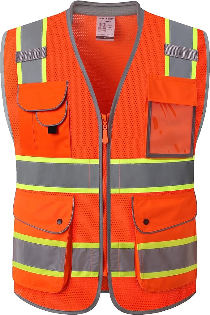 JKSafety 9 Pockets Hi-Vis Safety Vest Breathable Mesh Fabric Cushioned Collar Work Utility PPE Lightweight Industrial Work Gear ANSI/ISEA compliant (101-Orange M)