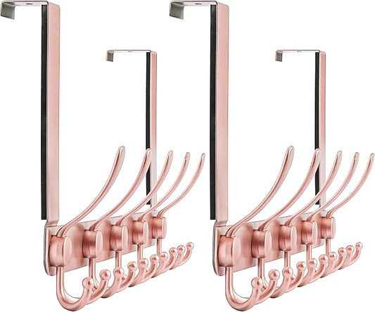 Dseap Over The Door Hook Hanger - Fits 1 3/8" to 1 3/4" Standard Doors | 5 Tri Hooks Heavy Duty Towel/Coat Rack | Door Organizer for Clothes, Jackets, Hats, Towels, Rose Gold, Pack of 2