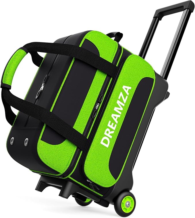 2 Ball Bowling Bag with Wheels, Double Bowling Ball Bag 2 Ball Roller w/Separate Compartment for Shoes Up to US Mens Size 16, w/Retractable Handle Extends to 40" & Accessories Pocket