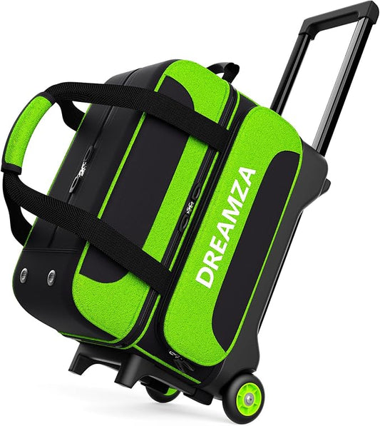 2 Ball Bowling Bag with Wheels, Double Bowling Ball Bag 2 Ball Roller w/Separate Compartment for Shoes Up to US Mens Size 16, w/Retractable Handle Extends to 40" & Accessories Pocket