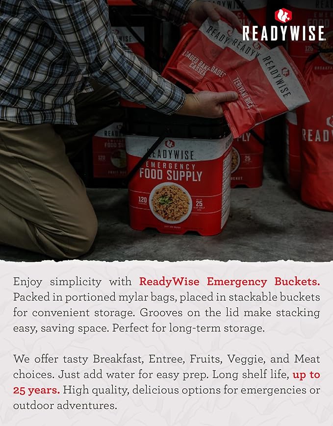 ReadyWise Emergency Food Supply - 84 Servings Breakfast & Entrée Bucket, Protein Meals, Dehydrated & Freeze Dried Food for Backpacking, Camping Essentials & Prepping Supplies, up to 25 Year Shelf Life