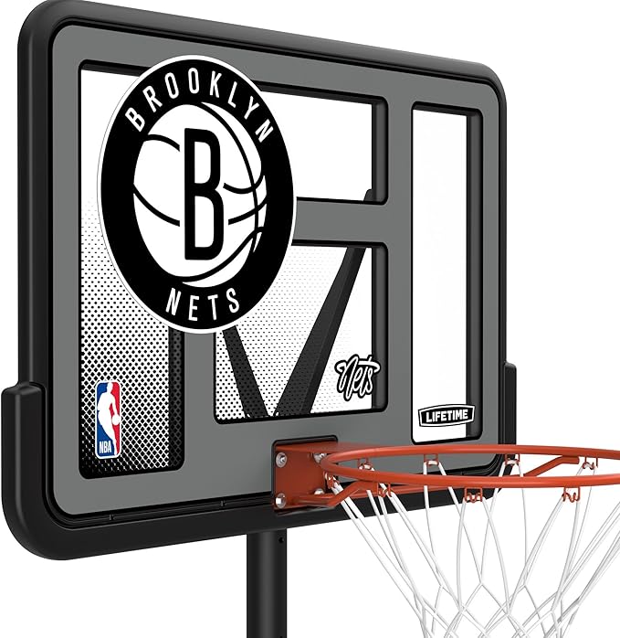Lifetime NBA Brooklyn Nets Portable Basketball Hoop, Adjustable Height 7.5-10 Ft, 44 Inch Shatterproof Fusion Backboard, Base with Wheels
