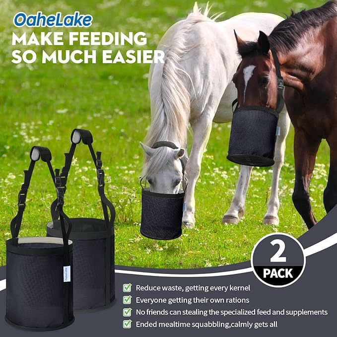 Horse Feed Bag 2 PCs, Breathable Mesh Feed Bags for Horses, Muzzle Feedbag for Feeding Grain, Anti-Spill Design Feeder, Soft Neck Pad Nose Pad, Universal Fit (Darkblue)