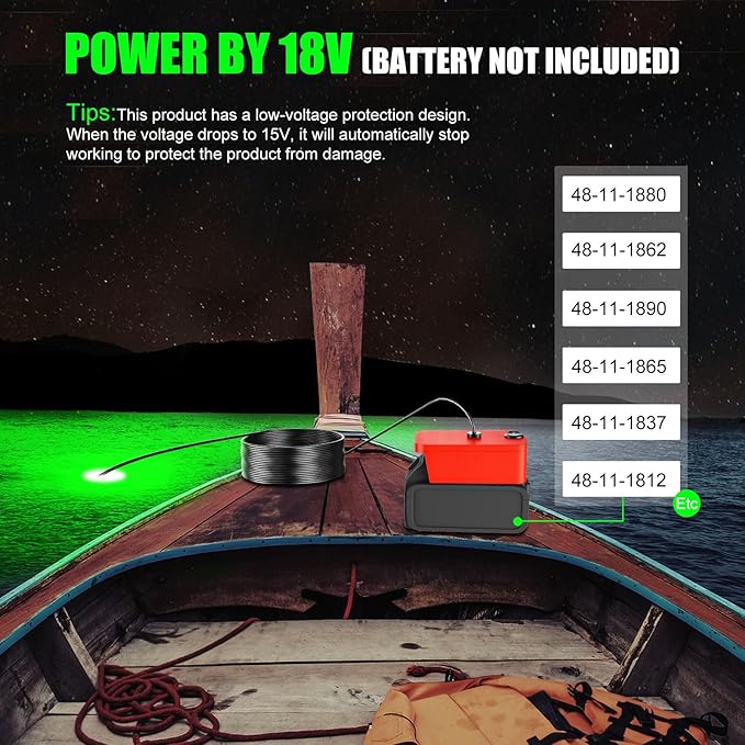 Milwaukee 18Vバッテリー対応 水中集魚灯、IP68 1300ルーメン LEDグリーンライト 集魚灯、夜釣り用 ドック ボート カヤック対応 (バッテリーなし)
