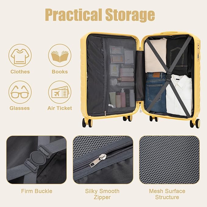 20 Inch ABS Hard Shell Travel Checked Luggage With Combination Lock, Yellow