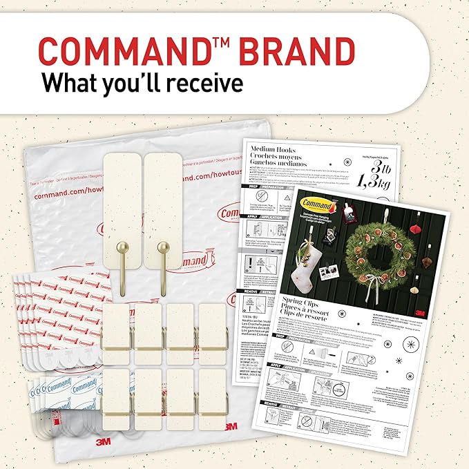 Command Mixed Hook Pack, Cream Speckle, 2 Medium Hooks, 8 Spring Clips, Great for Hanging Christmas Decorations