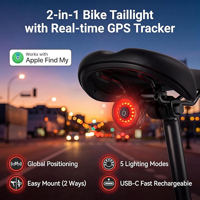 Bike GPS Tracker with Tail Light, Real-Time & Anti-Theft Bicycle Locator, No Monthly Fee/No SIM Card, Works with iOS Find My, 5 Light Modes, IP65 Waterproof, Bicycle Safety Light for Night Riding