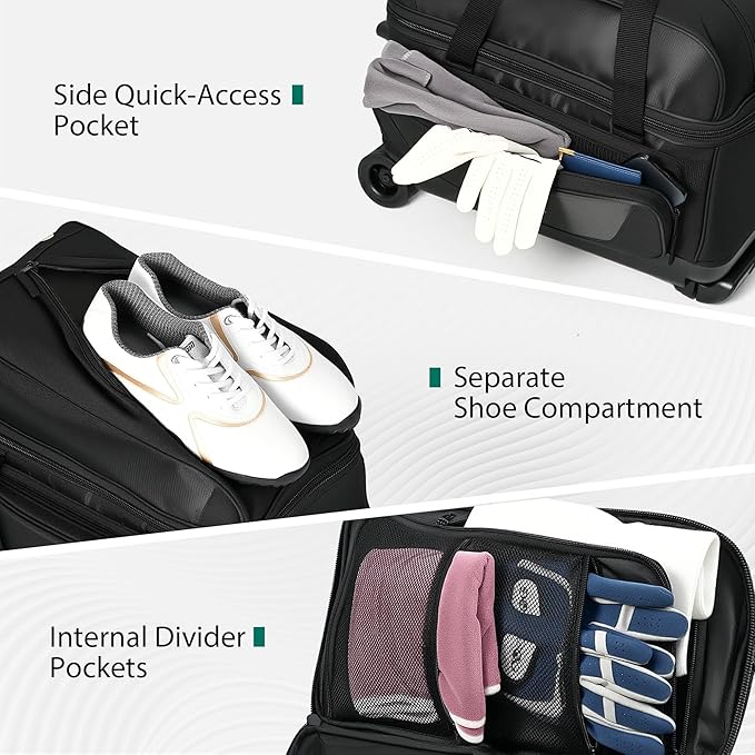 GoHimal Double Roller 2 Ball Bowling Bag with Separate Shoe Compartment for Bowling Shoes (Up To US Mens Size 15) and Oversized Accessory Pocket, Retractable Handle - Extends to 40"