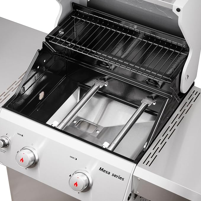 Monument Grills 2バーナー ステンレススチール製液化プロパンガスグリル、折りたたみ式サイドシェルフ2つ、Clearview®蓋、ノブコントロール、Mesa200S BBQカバー付き
