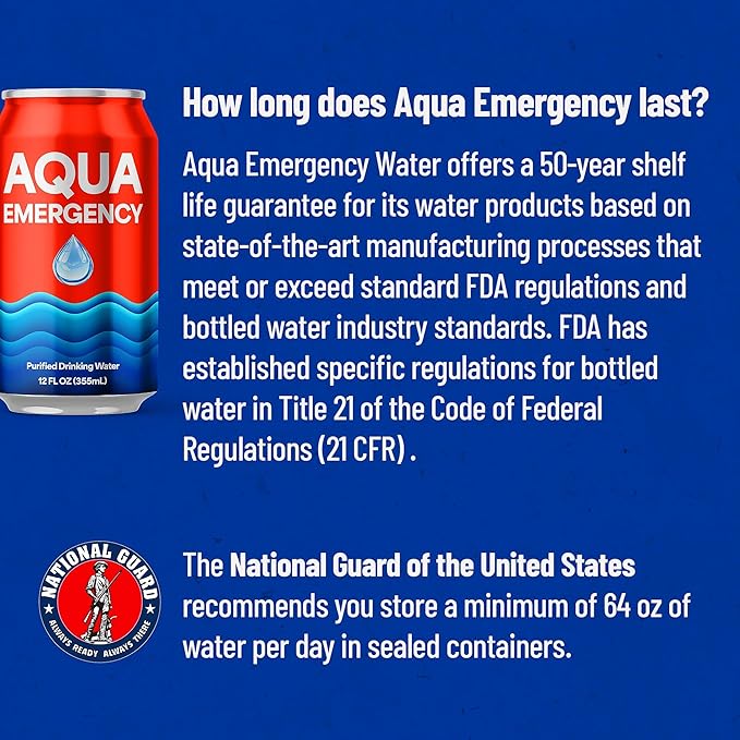 Aqua Emergency Water for Drinking, 50-Year Shelf-Life Emergency Preparedness Survival Water Supply 12oz (24 Pack)