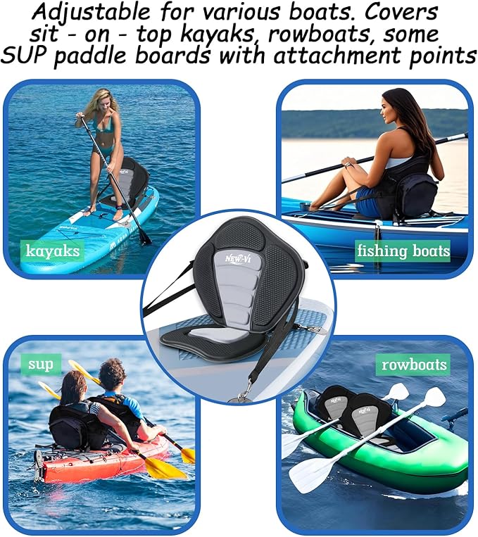 NEW-Vi Universal Deluxe Detachable Kayak Seat Paddle Board Seat Canoe Seat Kayak Seats with Back Support, 4 Adjustable Straps High Back Support, Form-Fitting for Kayaks SUP Fishing Boat Rowboat