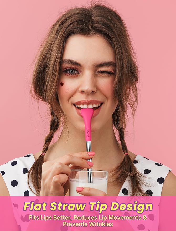 NiHome 6PCS Anti Wrinkle Straws with Silicone Widen Flat Tip Drinking Metal Straw, Fit for Stanley 20/30/40 oz Tumbler, Reusable Wrinkle Free Stainless Steel Long Straw, 2 Brushes & Carry Bag (Pink)