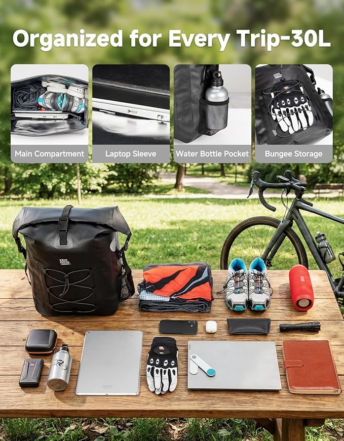 KEMIMOTO Bike Pannier Waterproof, 30L Heavy-Duty Bicycle Saddle Bag for Rear Rack, Side Bag with Laptop Compartment & Reflective, PVC Air-Tight Material – Commuting Touring Grocery Shoulder Carry