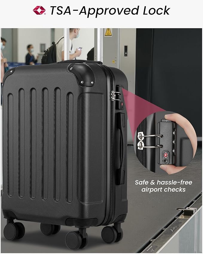 Carry On Luggage 22x14x9 Airline Approved, Hardside Suitcase with Wheels, TSA Approved, Tote Bag, Black