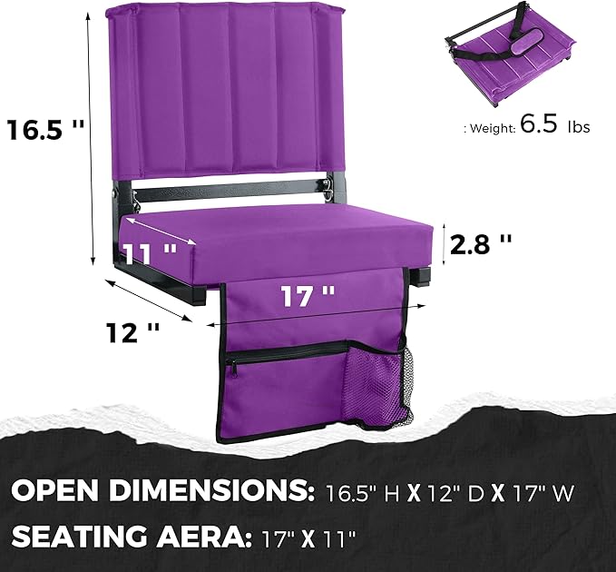 SPORT BEATS Stadium Seats with Back Support Bleacher Chairs with Back and Cushion Thick Padded Bleacher Seats Includes Shoulder Strap Dark Purple 2pcs Standard