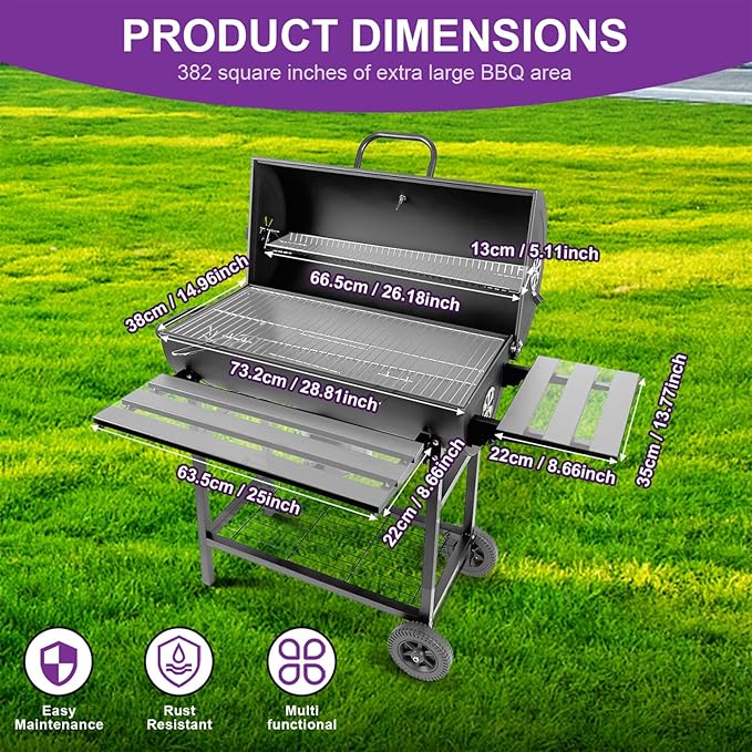 Charcoal BBQ Grill with Thermometer & Foldable Side Table, 565 sq in Cooking Space Large Charcoal Grills, Barrel Charcoal Grills for Backyards Picnic Cookouts