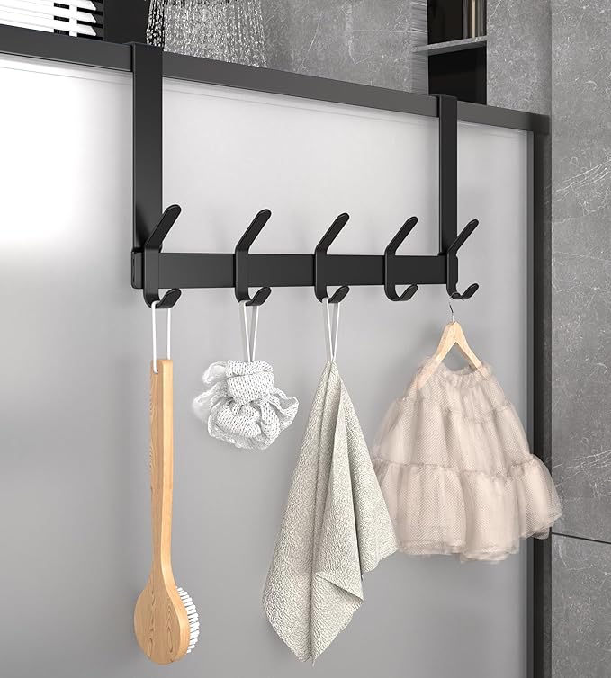 KitchLife Over The Door Hooks with 7" Extended Arms, Fits 1-3/8" Doors, J18U, Heavy Duty Bathroom & Closet Towel Rack, Double-Hooks Hanger 1 Pack, Matte Black