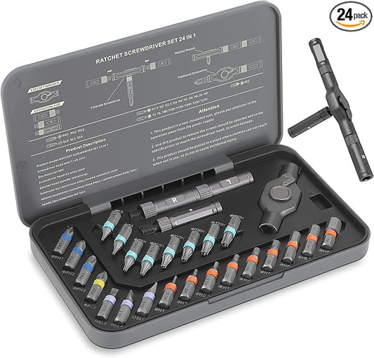 Screwdriver Set 24 in 1 Magnetic Ratchet with Precision Bits – Ideal for Home Repairs, DIY Projects, and Electronics – Ergonomic Rotatable Ratchet Handle and Storage Case –Perfect Holiday Gift
