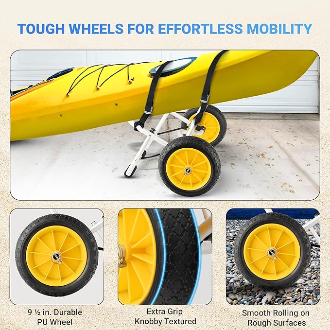 YES4ALL Kayak Cart U-Shape Aluminum, 200lbs Capacity Kayak Dolly with 4 Fixing Straps & Thick PU Wheels, Foldable Canoe Cart