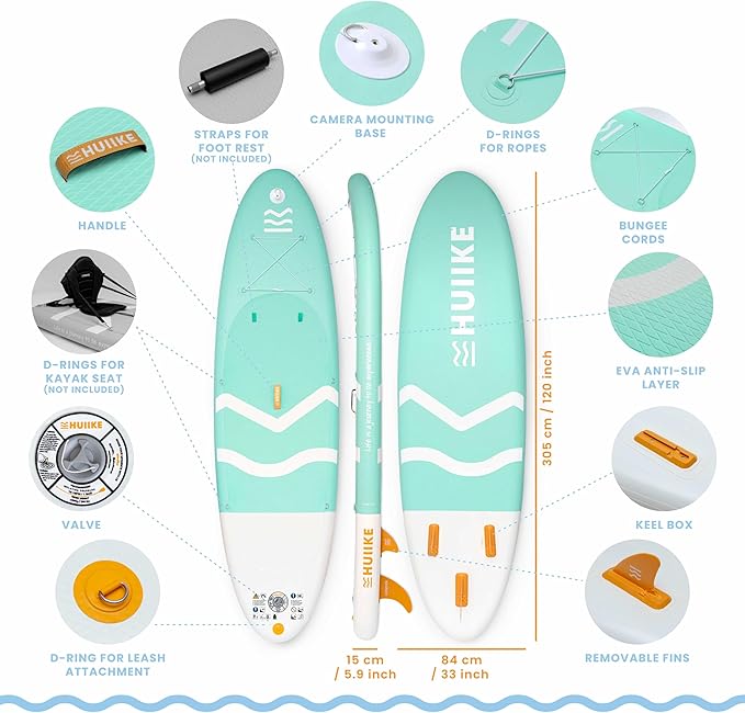 HUIIKE Inflatable Paddle Board for Adults with Accessories Included, Oar, Fins, Pump. Stand Up Paddleboard Great Stability and Resistance. 10’ x 33" x 5.9", Maximum Load 286 lb