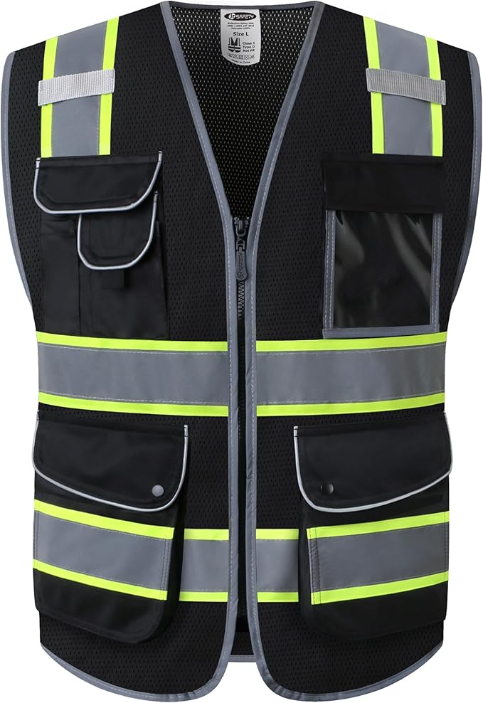 JKSafety 9 Pockets Hi-Vis Black Color Zipper Front MESH Safety Vest with Fluorescent Yellow Extend Edge outlining the Reflective Tapes Meet ANSI/ISEA Class 1 Standard (100-Black, 5XL)