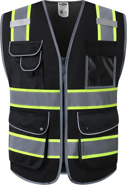 JKSafety 9 Pockets Hi-Vis Black Safety Vest for Men Women High Visibility Reflective Construction Mesh Fabric Cushioned Collar Work Utility PPE Work Gear ANSI/ISEA compliant (100-Black, 3XL)