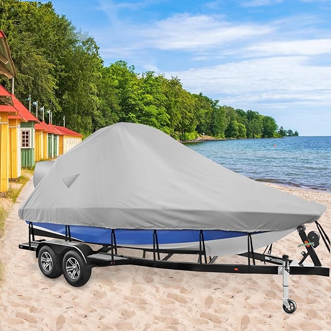 Wake Tower Boat Cover - 900D Marine Heavy Duty Waterproof, Fits 23-25ft V Hull Runabout Ski-Boats, Gray