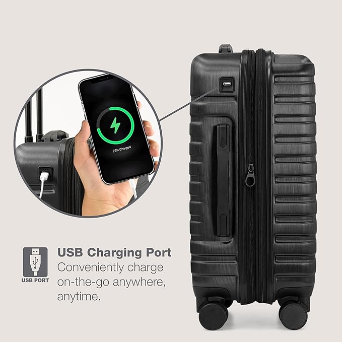 U.S. Traveler Boren 拡張可能ハードサイド 頑丈な旅行用荷物 8つのスピナーホイール付き ブラック 3点セット