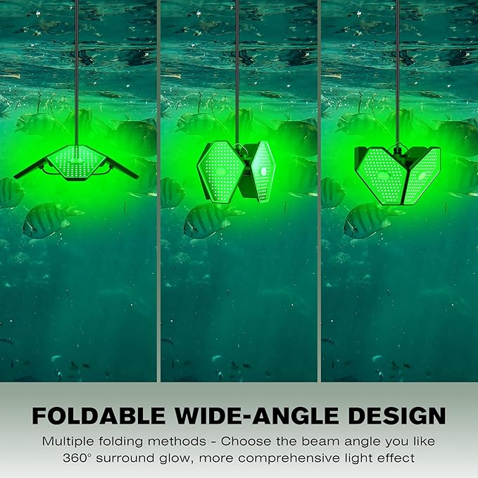 Goldlife 12V Foldable Underwater Fishing Light with 50FT Cable, 400W 40000LM Brightness Green LED Submersible Light Attractants for Docks/Boats/Kayaks, IP69K Rated for Fresh & Salt Water