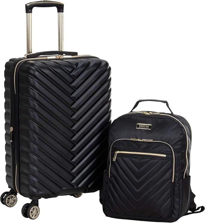 Kenneth Cole REACTION マディソン スクエア 軽量 ハードサイド シェブロン 拡張可能 スピナー ラゲージ、ブラック、2点セット（20インチ機内持ち込み用 + バックパック）