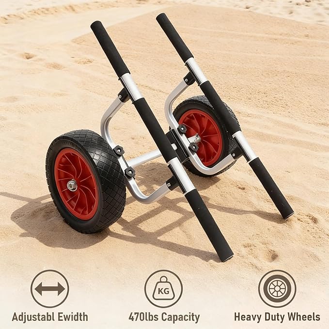 Heavy Duty Aluminum Kayak Cart, Adjustable Width Dolly with 470lb Weight Capacity and 12'' Solid Tires，Detachable Canoe Trolley Cart for Kayaks Canoes Paddleboards Float Mats Jon Boats