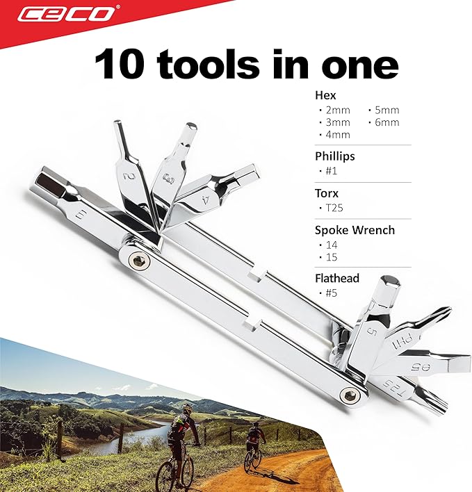 CECO USA 10 Function Bicycle Multi Tool, Ultra Slim Sized, Lightweight, Polished Chrome Finish, High Strength CR-V 6150 Tool Steel, Mountain Bike, Road Bike