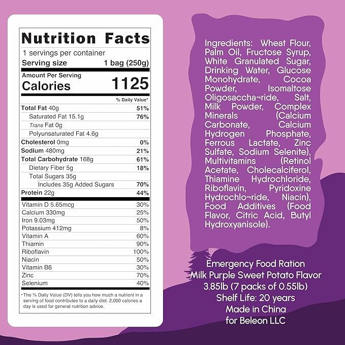 Emergency Food Supply - Milk Purple Sweet Potato Survival Ration - 20 Years Shelf Life - 7 Days