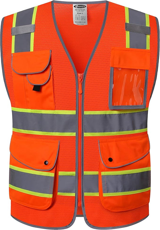 JKSafety 9 Pockets Hi-Vis Reflective Safety Vest | Mesh Fabric | Fluorescent Orange Color with Neon Yellow Extended Trims | ANSI/ISEA Compliance (100-Orange, 5XL)