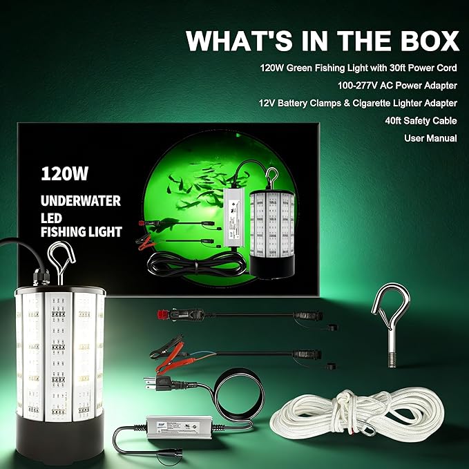 Underwater Fishing Light 120W 15000LM, 530nm Green Submersible Fish Attractant Light with 30FT Cord, 100–240V AC to 12V DC Adapter, 40FT Safety Cable, for Night Fishing, Dock, Boat