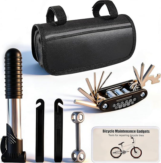 33Pcs Bike Repair Tool Kit with Mini Bicycle Pump, 16 in 1 Multi-Tool, 2mm-6mm Allen Wrenches, Bicycle Repair Bag Used for Mountain and Road Bikes