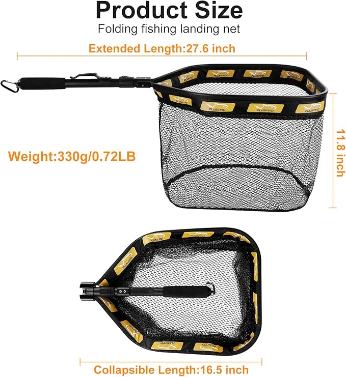 PLUSINNO Floating Fishing Net for Steelhead, Salmon, Fly, Kayak, Catfish, Bass, Trout Fishing, Rubber Coated Foldable Landing Net with Fixed or Telescoping Pole Handle, Fishing Gear and Gifts for Men
