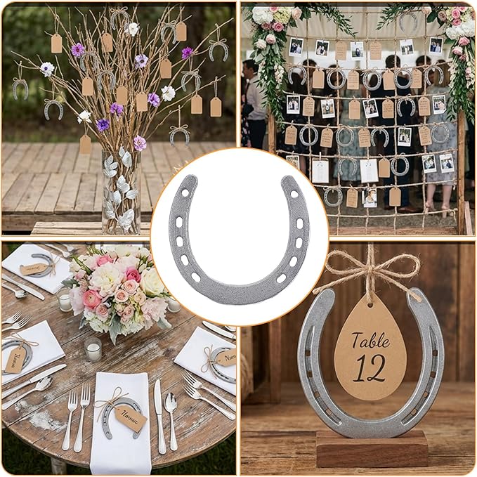 HANLANXUE 12Pcs Cast Iron Horse Shoes for Decorations, Durable Good Lucky Horseshoe for Wall Décor, Indoor, Outdoor, Cowboy, Western, Wedding, Crafts, Birthday Party Favors Supplies, 4.5" x 4.3"