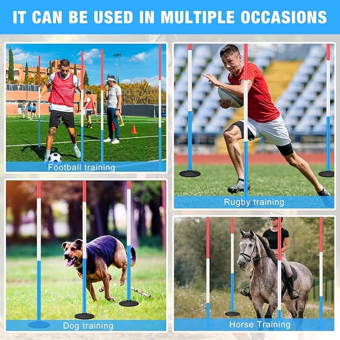 6 Pcs 6ft Pole Bending Poles for Horses, Heavy Duty Agility Poles Adjustable Equestrian Sports Training Equipment with Weighted Rubber Base for Horses, Soccer, Football, Dog
