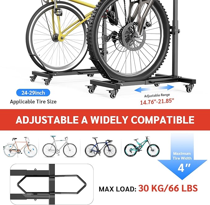 Bike Floor Stand Indoor Bike Stand for Garage/Home,Adjustable Bicycle Parking Stand Fit for 16"-29" Wheel Mini/Mountain/Road Bikes Heavy Duty Metal (Height-adjustable with wheels)