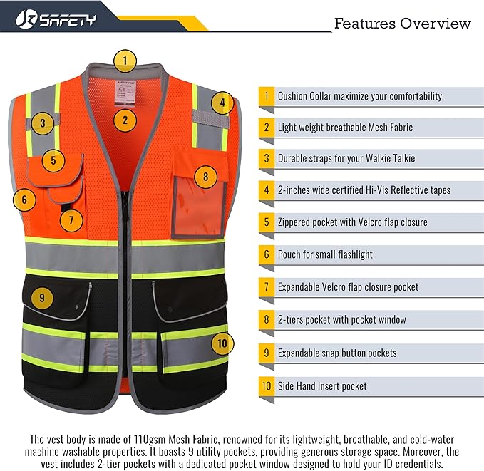 JKSafety 9 Pockets Hi-Vis Safety Vest High Visibility Reflecitive Mesh Safety Vests for Men and Women Cushioned Collar Work Utility PPE Work Gear ANSI/ISEA compliant Class 2 (101-OBlk L)