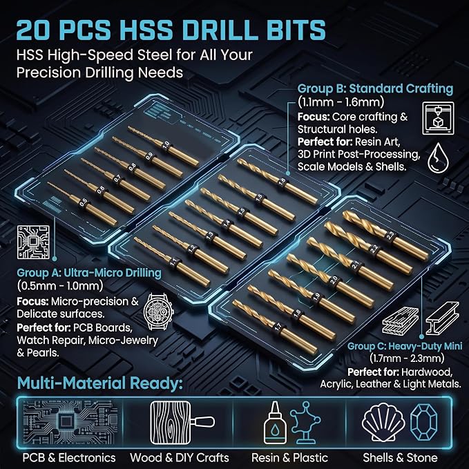 ARROWMAX Mini Electric Hand Drill Kit with 20pcs Drill Bits & LED Light