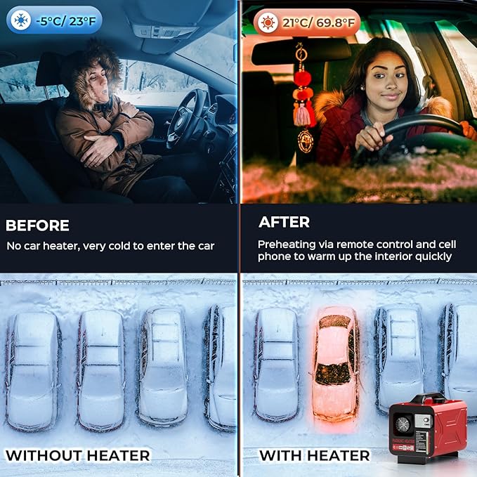 ディーゼルヒーター 12V/24V/110V、オールインワン 8KW アプリ制御 リモコン LCDディスプレイ付き、ポータブルエアヒーター 高速加熱 低騒音、RVトラック車ショップガレージハウス用電源アダプター付き