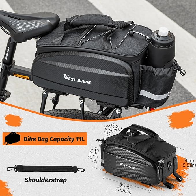 West Biking Waterproof Hard Shell Bike Rear Rack Bag 11L Capacity 600D Oxford Fabric & EVA Bicycle Trunk Pannier Bag for Commuting Touring Mountain Road E-Bike with Rain Cover (Black-2: 11Lcapacity)