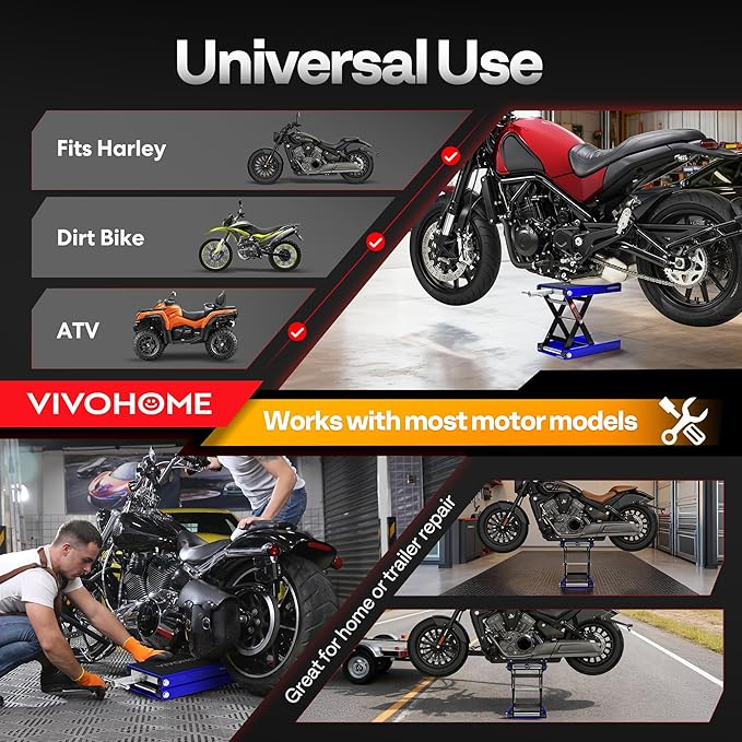 VIVOHOME 1100 LBS Motorcycle Lift Scissor Jack, Wide Deck Hoist Stand, Height Adjustable Center Stand with Crank, Steel Lift for Cruiser, Dirt Bike, ATV - Blue