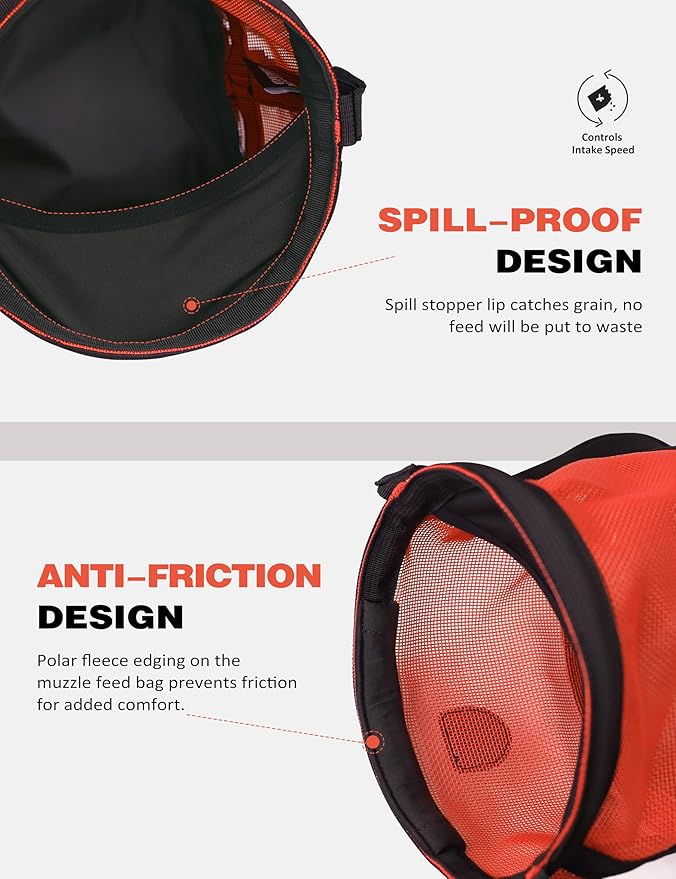 Harrison Howard Horse Muzzle Feed Bag Nylon Mesh Grain Feed Bag with Padded Neck Strap Adjustable Belt Orange Medium